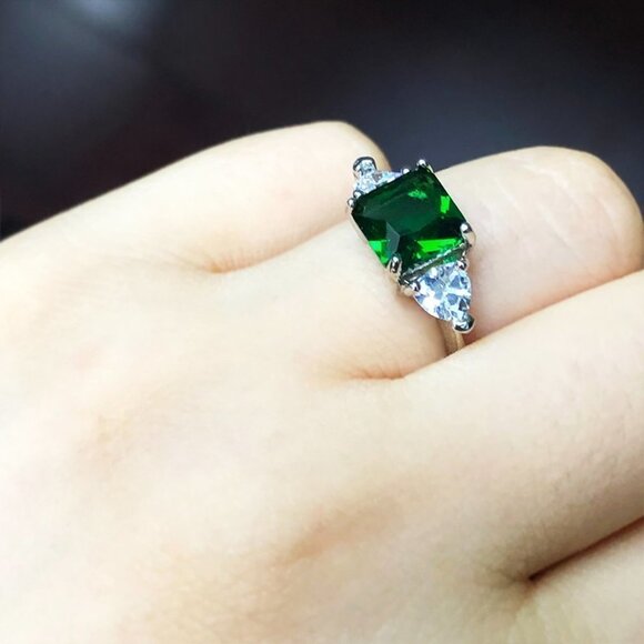 💍 Dainty Square Gemstone Zircon Princess Cut Green Rings for Women, EVGG1240 - Picture 5 of 8